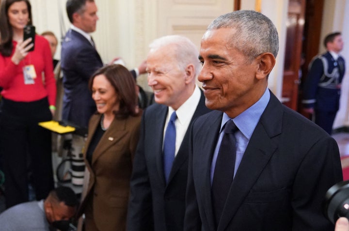 Vice President Kamala Harris, President Joe Biden (center) and former President Barack Obama arrive in 2022 to deliver remarks on the Affordable Care Act and Medicaid in the East Room of the White House in Washington, D.C.