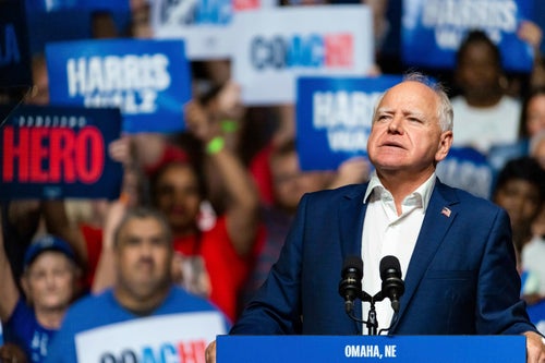 Democratic vice presidential nominee Minnesota Gov. Tim Walz speaks at a campaign rally, Saturday, Aug. 17, 2024, at The Astro in La Vista, Neb. (AP Photo/Bonnie Ryan)