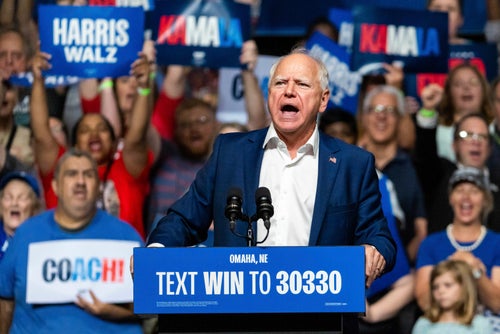 Democratic vice presidential nominee Minnesota Gov. Tim Walz speaks at a campaign rally, Saturday, Aug. 17, 2024, at The Astro in La Vista, Neb. (AP Photo/Bonnie Ryan)