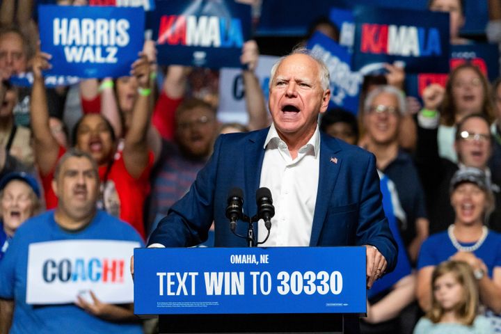 Democratic vice presidential nominee Minnesota Gov. Tim Walz speaks at a campaign rally, Saturday, Aug. 17, 2024, at The Astro in La Vista, Neb. (AP Photo/Bonnie Ryan)