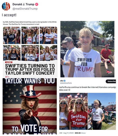 Former President Donald Trump shares a number of AI-generated photos of Taylor Swift fans wearing "Swifties for Trump" tees, including one that is labeled "satire."