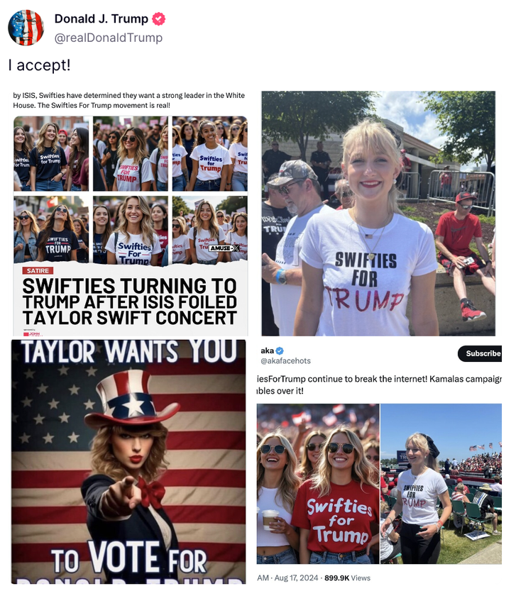 Der frühere Präsident Donald Trump teilt eine Reihe von KI-generierten Fotos von Taylor-Swift-Fans, die ... tragen. "Swifties für Trump" T-Shirts, auch Marken-T-Shirts "Rechtschreibung."