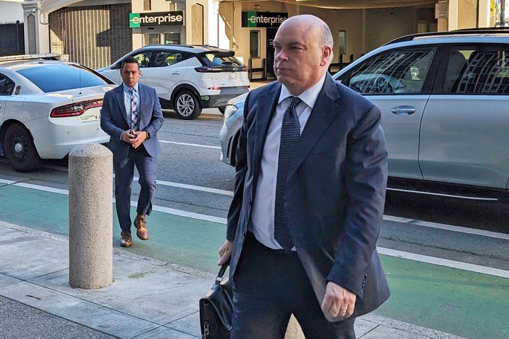 Former British tech star Mike Lynch walks into federal court in San Francisco in March after being accused of ripping off Hewlett Packard in an $11 billion acquisition of software maker Autonomy. 