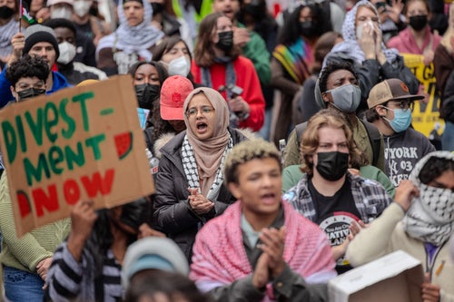 Students chant slogans during pro-Palestine student protests at George Washington University on April 27.