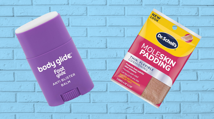 An anti-blister balm stick and moleskin padding strips.