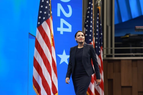 CHICAGO, ILLINOIS - AUGUST 17: U.S. Rep. Alexandria Ocasio-Cortez (D-NY) walks through the stage before the start of the Democratic National Convention on August 17, 2024, in Chicago, Illinois. The convention will be held August 19-22. (Photo by Joe Raedle/Getty Images)