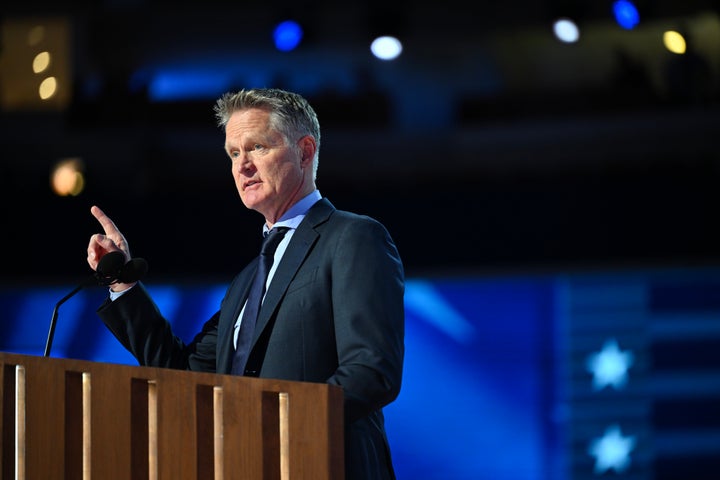 Steve Kerr, coach of Team USA Men’s Basketball and the Golden State Warriors, speaks Monday on the first day of the Democratic National Convention in Chicago.