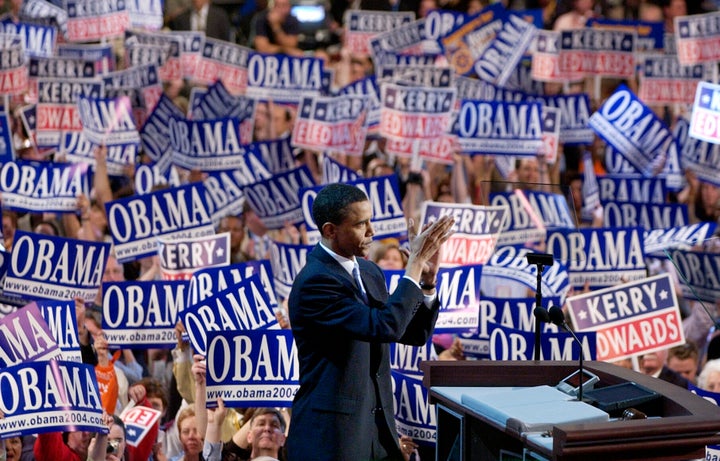 Keynote speaker Barack Obama, then a Senate candidate from Illinois, speaks to delegates during the Democratic National Convention at the FleetCenter in Boston, on July 27, 2004. 