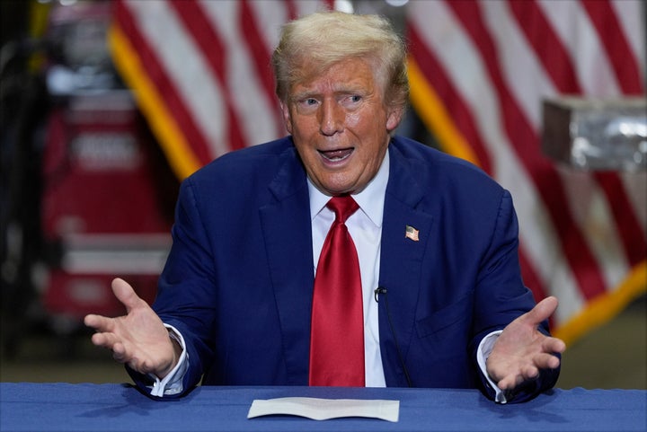 Republican presidential nominee former President Donald Trump speaks at a business roundtable discussion at a campaign event at Precision Components Group, Monday, Aug. 19, 2024.