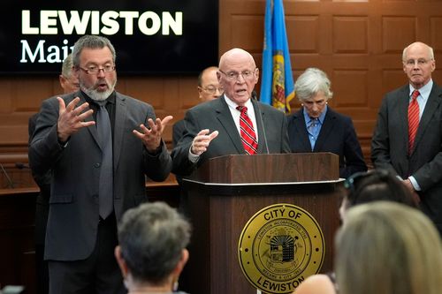 Dan Wathen, chair of the commission that investigated the deadliest shooting in Maine history, responds to questions during the release of the commission's findings, Tuesday, Aug. 20, 2024, in Lewiston, Maine. 