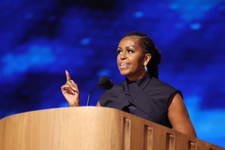 Former First Lady Michelle Obama speaks on the second day of the Democratic National Convention at the United Center in Chicago, Illinois, where Vice President Kamala Harris will formally accept the party's nomination for president.