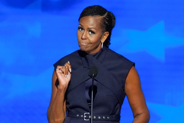 Former first lady Michelle Obama speaking during the Democratic National Convention Tuesday, Aug. 20, 2024, in Chicago.