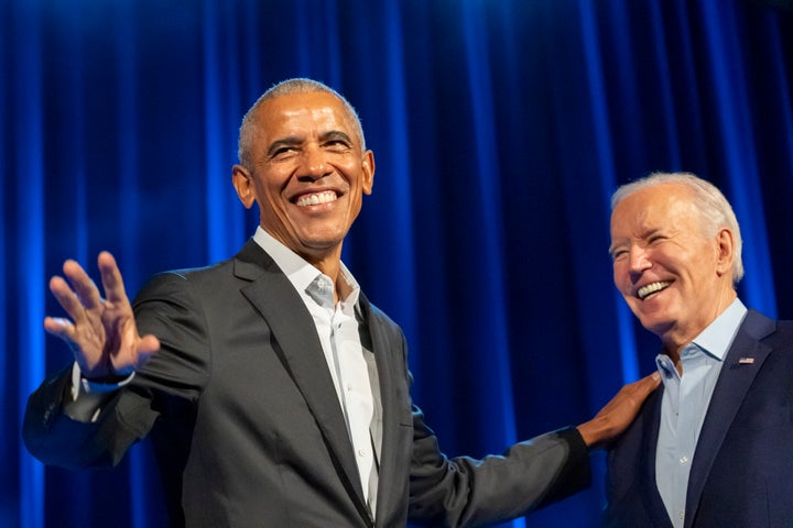 Obama said he and Biden "became brothers" when they served in the White House together. Here they are in March, participating in a fundraising event with Stephen Colbert at Radio City Music Hall.