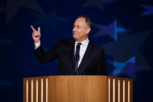 Second gentleman Doug Emhoff speaks on stage during the second day of the Democratic National Convention at the United Center on August 20, 2024 in Chicago, Illinois. 