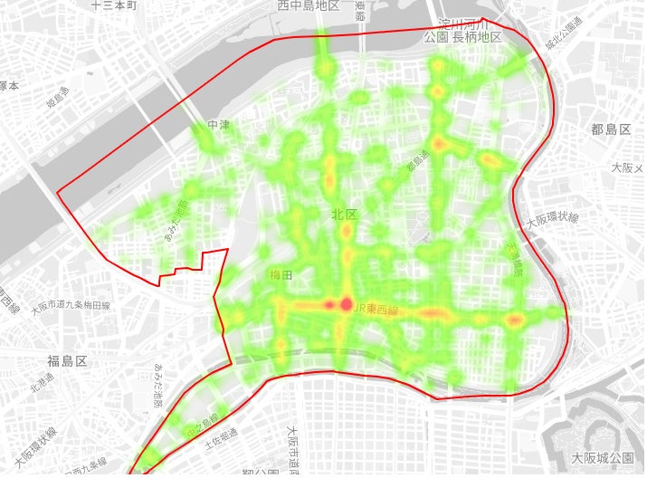 「都市データの可視化」の機能（イメージ）。事故多発エリアをヒートマップ形式で地図上に色分け表示することも可能