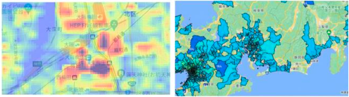 「みんなのまちAI」の機能例（イメージ）。人流の変化をヒートマップ形式で可視化したり、居住地別の来訪者を可視化したりすることが可能