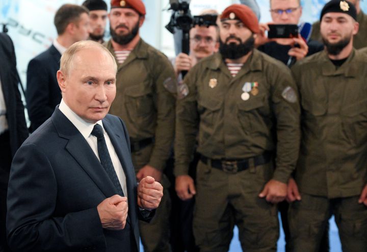 President Putin talks to servicemen during his surprise visit to the Chechen Republic, Russia.