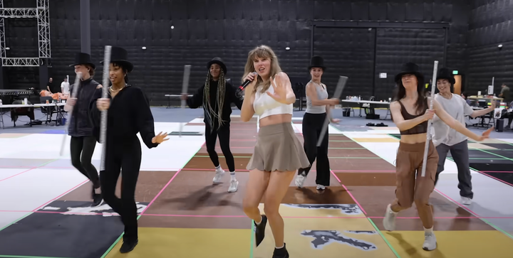 Taylor Swift rehearsing for the Eras Tour in her new I Can Do It With A Broken Heart music video