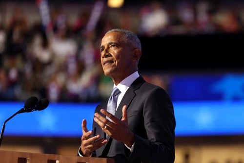 Former U.S. President Barack Obama gestures as he speaks on the second day of the Democratic National Convention in Chicago on Aug. 20, 2024.