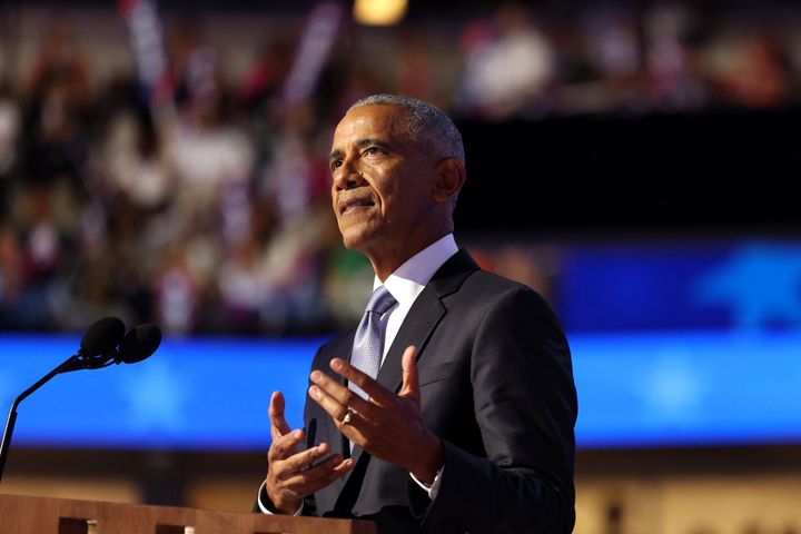 Former U.S. President Barack Obama gestures as he speaks on the second day of the Democratic National Convention in Chicago on Aug. 20, 2024. 