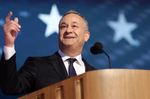 Second gentleman Douglas Emhoff photographed speaking onstage at the Democratic National Convention (DNC) at the United Center in Chicago, Illinois, on Aug. 20.