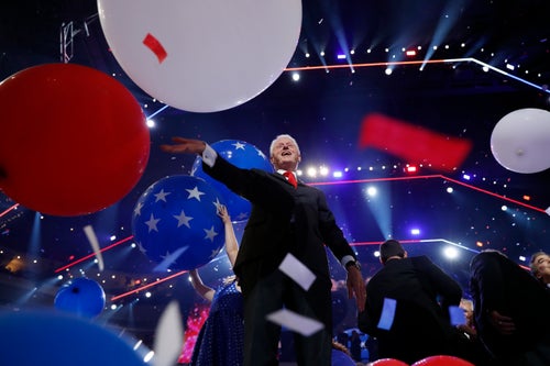 Former President Bill Clinton smiles as balloons fall during the final day of the Democratic National Convention, July 28, 2016, in Philadelphia. (AP Photo/Carolyn Kaster, file)