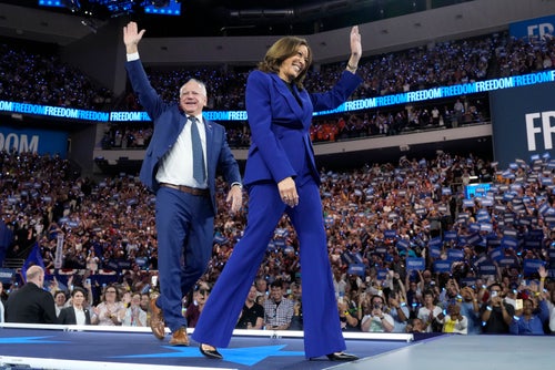 Democratic presidential nominee Vice President Kamala Harris and running mate Minnesota Gov. Tim Walz appear at the Fiserv Forum during a campaign rally in Milwaukee, Tuesday, Aug. 20, 2024. (AP Photo/Jacquelyn Martin)