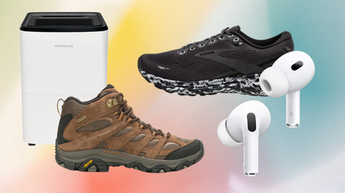 A Frigidaire dehumidifier, a Merrell hiking boot, a Brooks running shoe and a pair of AirPods Pro.