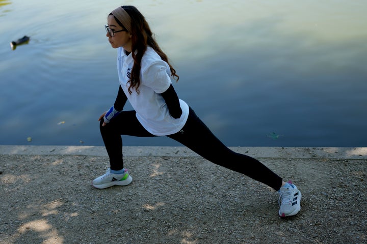 Afghan Taekwondo Paralympian Zakia Khudadadi, part of the Refugee Olympic Team, demonstrates her training routine after an interview with The Associated Press at the 2024 Summer Olympics, Monday, Aug. 5, 2024, in Paris, France. (AP Photo/Natacha Pisarenko)