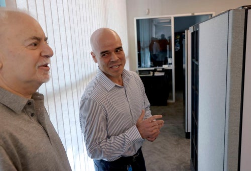 Clark County Public Administrator Robert Telles, right, talks to Review-Journal reporter Jeff German in his Las Vegas office on May 11, 2022.