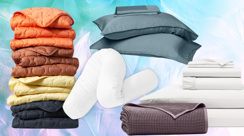 The Buffy puffer blanket, the Buffy wiggle pillow, the Buffy eucalyptus sheet set and a bedding bundle from Boll & Branch.