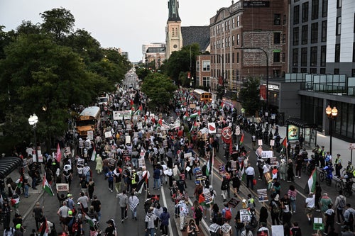 Pro-Palestinian demonstrators march Wednesday on the third day of the Democratic National Convention at the United Center in Chicago.