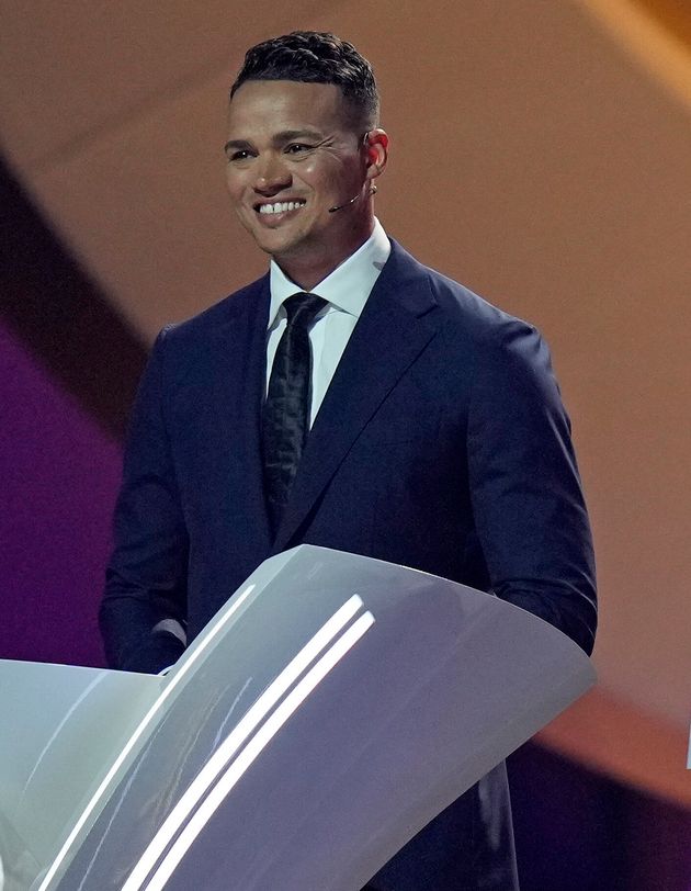 Jermaine Jenas on stage during the 2022 soccer World Cup draw