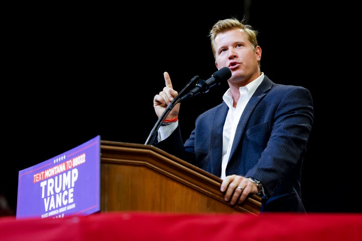 Montana Republican U.S. Senate candidate Tim Sheehy speaks during a rally for Republican presidential nominee Donald Trump at the Brick Breeden Fieldhouse at Montana State University on Aug. 9 in Bozeman, Montana.