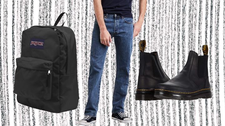 A JanSport backpack, Levi's 501 jeans and Dr. Martens boots.