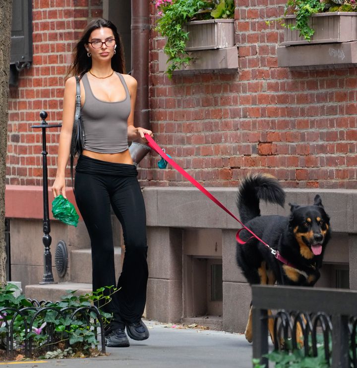 Emily Ratajkowski walks with her dog in New York City on Tuesday, August 20, 2024.