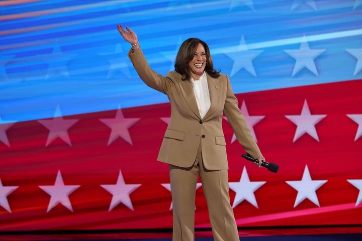 Democratic presidential nominee Vice President Kamala Harris briefly takes to the stage at the Democratic National Convention on Monday, Aug. 19, 2024, in Chicago. (Chris Sweda/Chicago Tribune/Tribune News Service via Getty Images)