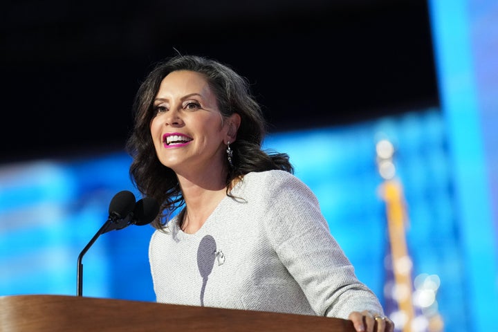 Michigan Gov. Gretchen Whitmer speaks on stage Thursday during the final day of the Democratic National Convention in Chicago. 