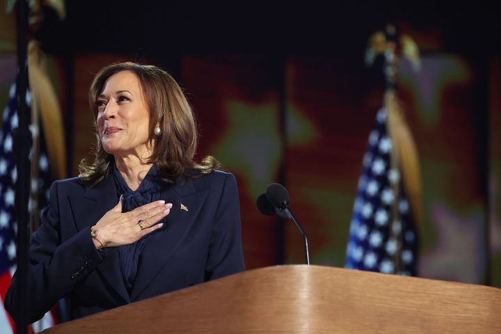 Vice President Kamala Harris greets delegates as she formally accepts the presidential nomination Thursday night at the Democratic National Convention in Chicago.