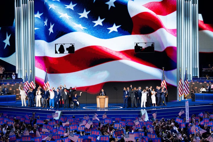 Rep. Ruben Gallego, D-Ariz., flanked by members of Congress who served in the military, speaks during the final night of the 2024 Democratic National Convention in Chicago on Thursday, August 22, 2024. (Bill Clark/CQ-Roll Call, Inc via Getty Images)