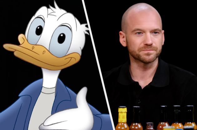 Donald Duck and Hot Ones host Sean Evans