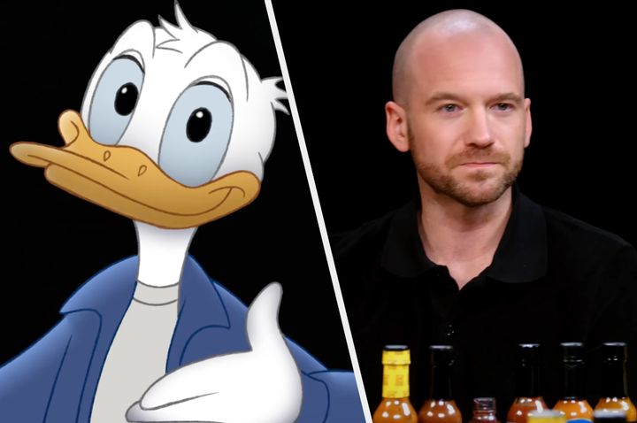 Donald Duck and Hot Ones host Sean Evans