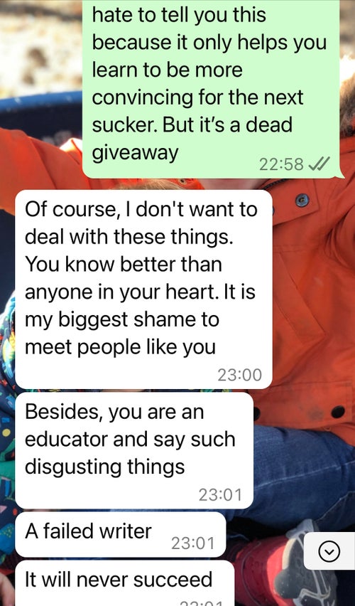 A screenshot from the author's conversation with the scammer.