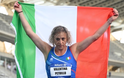 Valentina Petrillo ocelebrates after the women's 400m T12 Final during day six of the Para Athletics World Championships in 2023. 