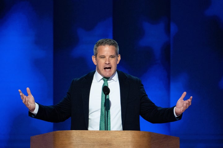 Former Rep. Adam Kinzinger (R-Ill) speaks during the final night of the DNC.