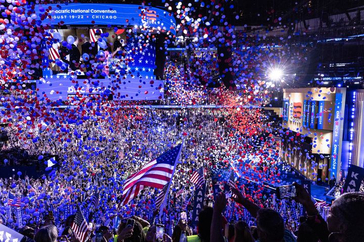 More than 100,000 balloons dropped at the conclusion of the Democratic National Convention on Thursday night in Chicago. It was a festive coda to Vice President Kamala Harris' raucous speech accepting her party's presidential nomination.