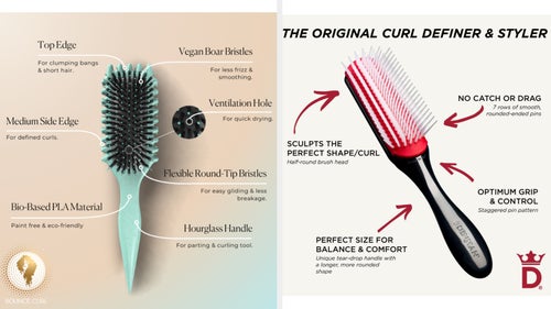 Bounce Curl's Define EdgeLift brush (left), and the Denman brush from Amazon (right).