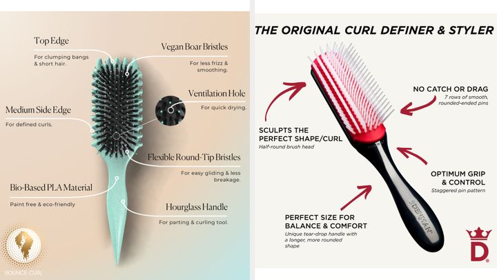 The Define EdgeLift brush from Bounce Curl (left) and the Denman brush from Amazon (right).