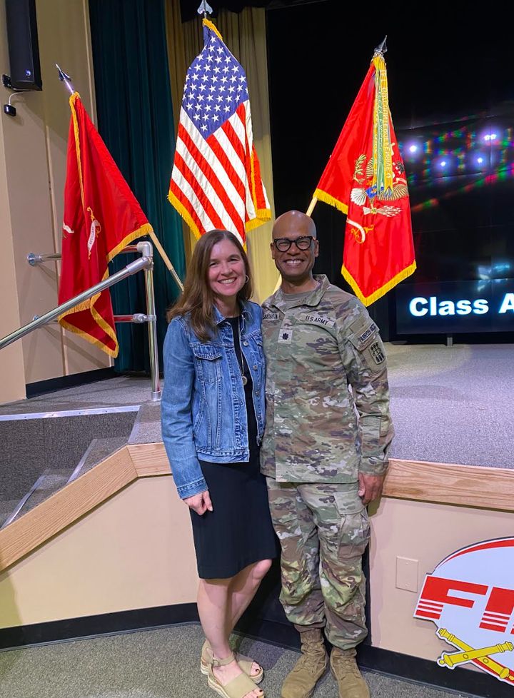 The author with her husband at his Army Medical Department Direct Commission Course Graduation on March 4, 2024.