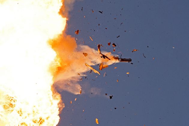 This photo taken from a position in northern Israel shows a Hezbollah UAV intercepted by Israeli air forces on August 25, 2024. 